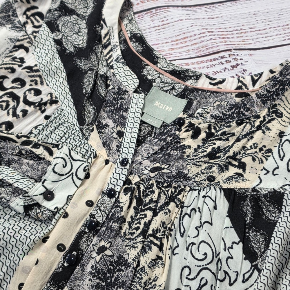 Anthropologie Deletta Blouse Womens Large Black White Good Patchwork Boho Top